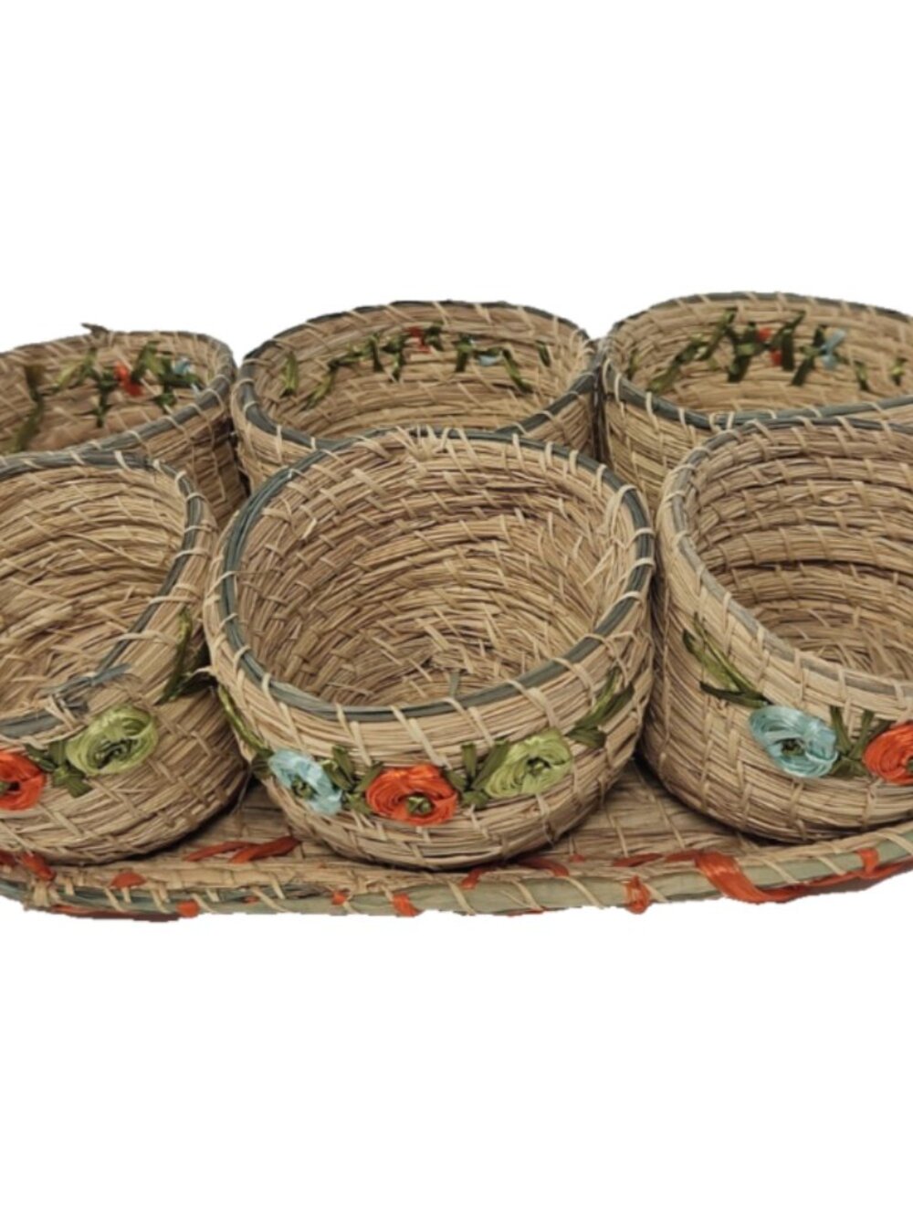 Vintage 1970s Jamaican Woven Grass Raffia Drinks Caddy Set Tiki Bar Cocktail 13"